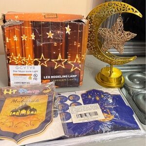 Ramadan Eid Decorations Set Crescent Moon Lamp with Star LED Lights Cards Banner